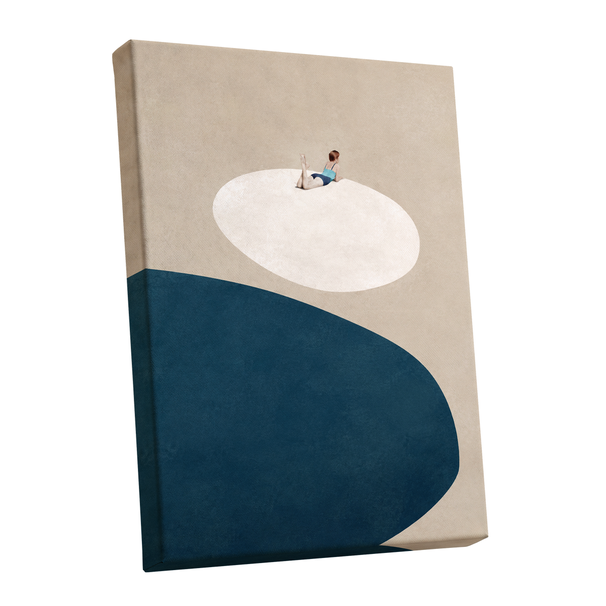 The Blue Pause, beige, blue, white minimalist wall art shown as a stretched canvas wall art