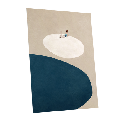 The Blue Pause, beige, blue, white minimalist wall art shown as a unframed poster wall art print