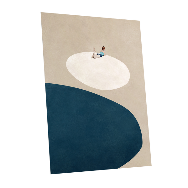 The Blue Pause, beige, blue, white minimalist wall art shown as a unframed poster wall art print