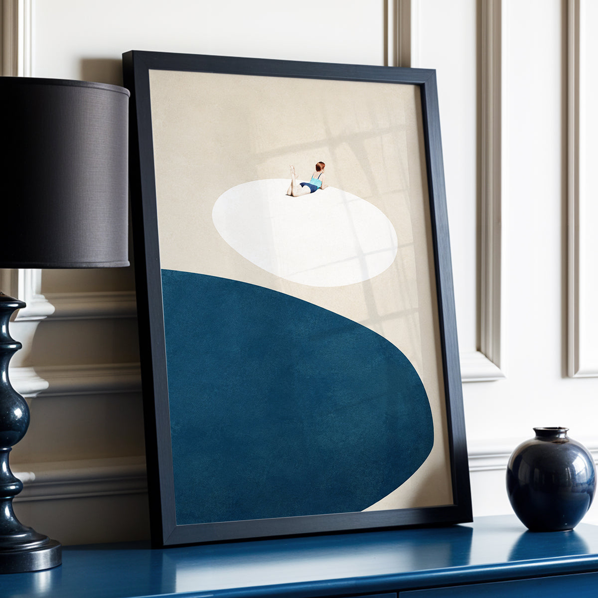 The Blue Pause, beige, blue, white minimalist wall art displayed in a styled interior, gallery view 2