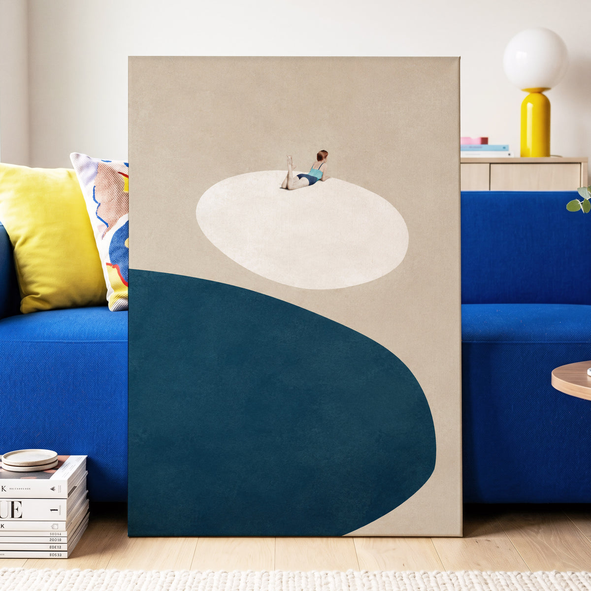 The Blue Pause, beige, blue, white minimalist wall art displayed in a styled interior, gallery view 3