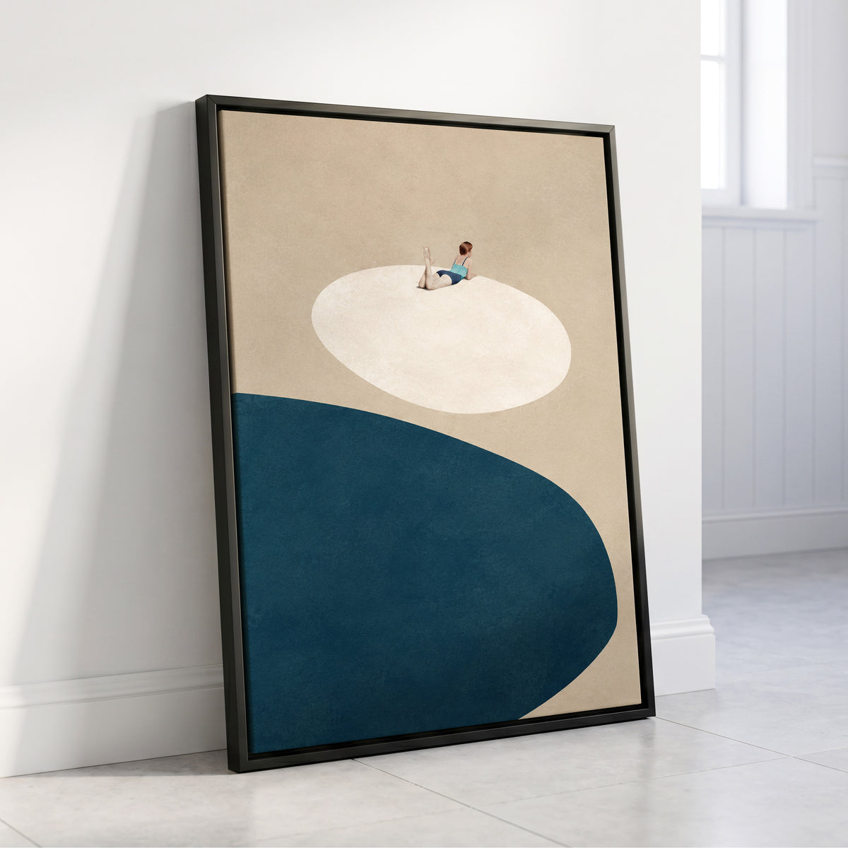 The Blue Pause, beige, blue, white minimalist wall art displayed in a styled interior, gallery view 4