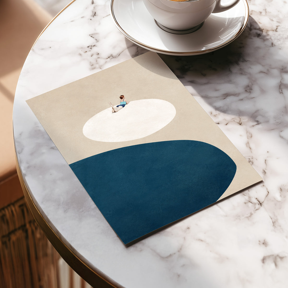 The Blue Pause, beige, blue, white minimalist wall art displayed in a styled interior, gallery view 5