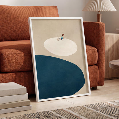 The Blue Pause, beige, blue, white minimalist wall art displayed in a styled interior, gallery view 6