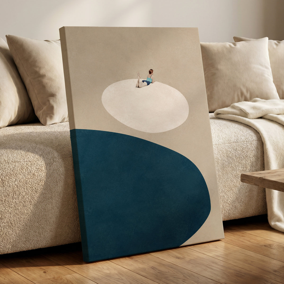 The Blue Pause, beige, blue, white minimalist wall art displayed in a styled interior, gallery view 7