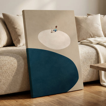 The Blue Pause, beige, blue, white minimalist wall art displayed in a styled interior, gallery view 7