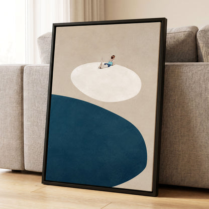 The Blue Pause, beige, blue, white minimalist wall art displayed in a styled interior, gallery view 8