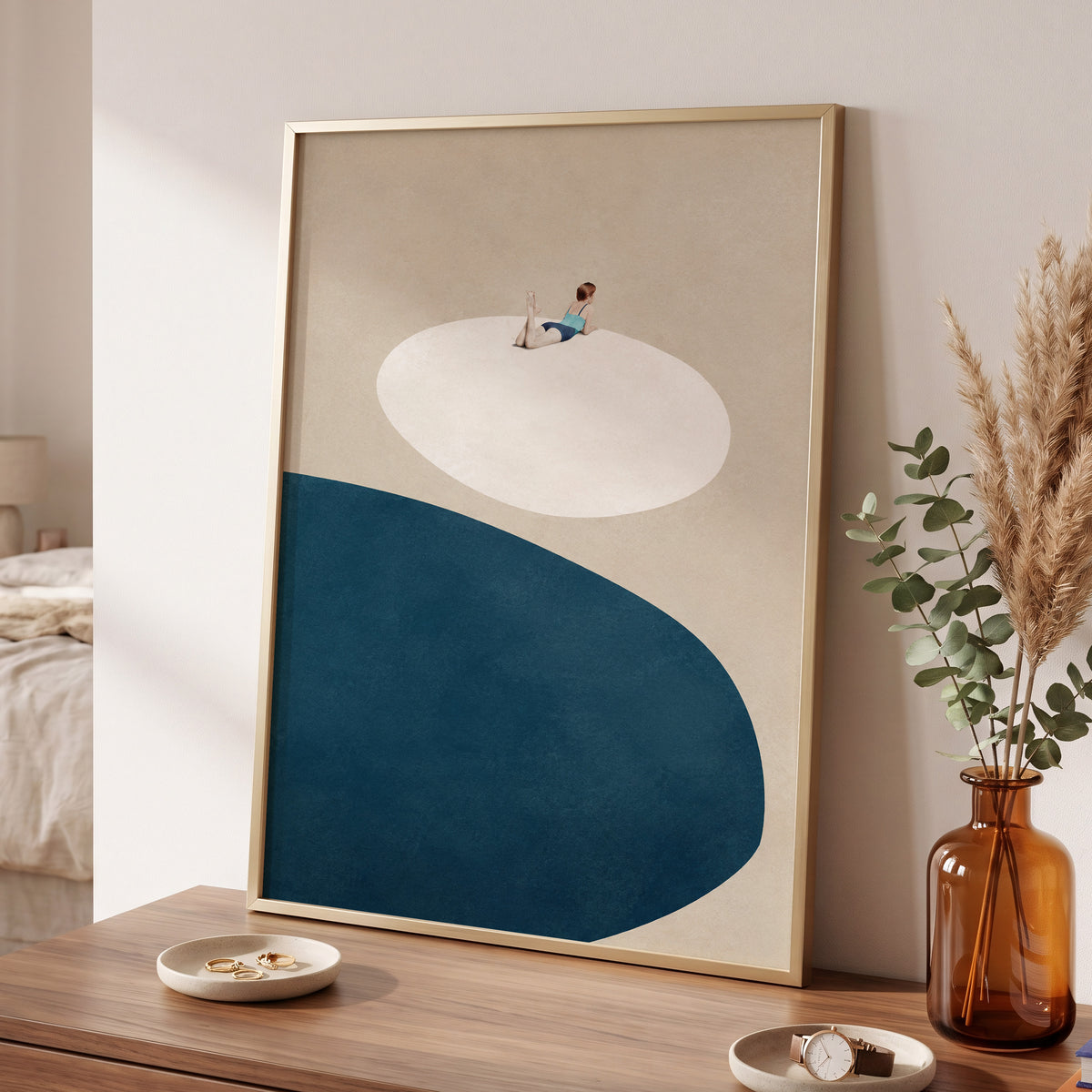 The Blue Pause, beige, blue, white minimalist wall art displayed in a styled interior, gallery view 9
