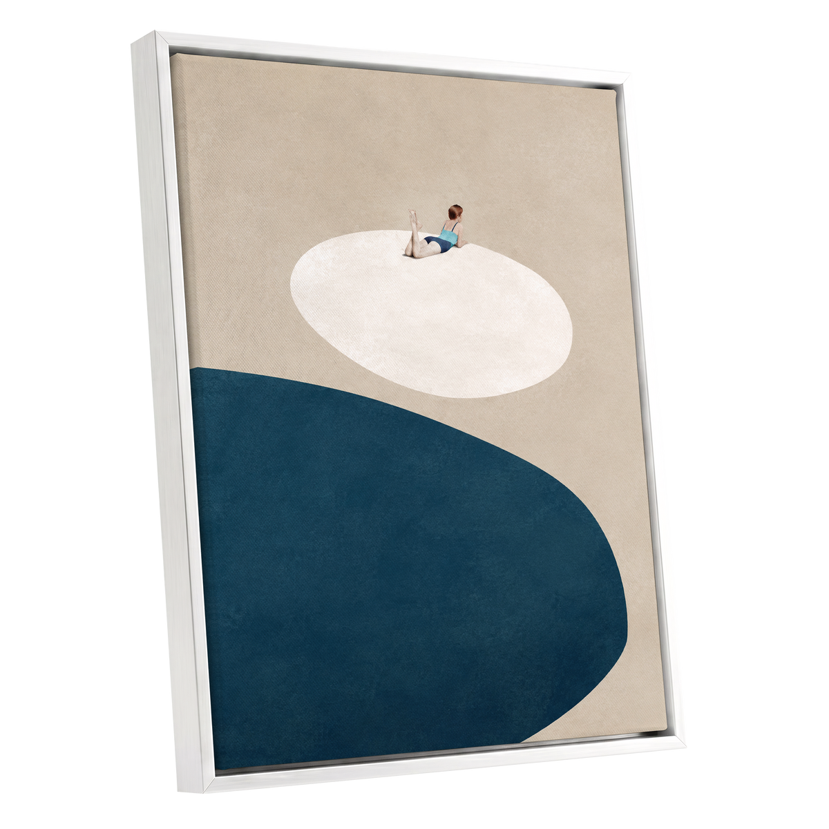 The Blue Pause, beige, blue, white minimalist wall art shown as a white framed canvas wall art