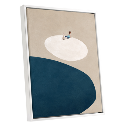 The Blue Pause, beige, blue, white minimalist wall art shown as a white framed canvas wall art
