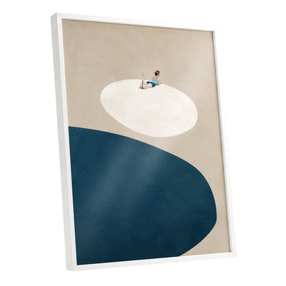 The Blue Pause, beige, blue, white minimalist wall art shown as a white framed poster wall art print