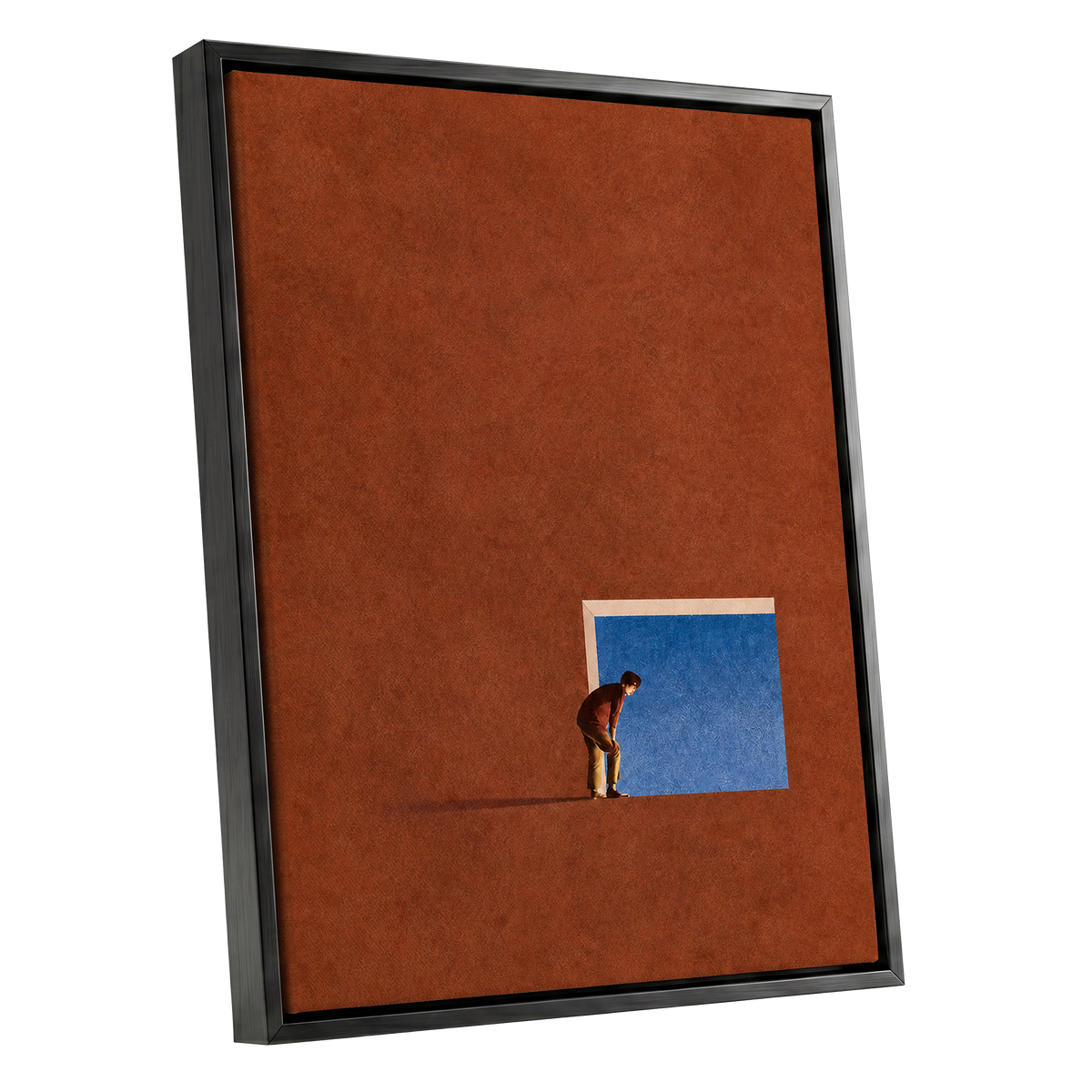 The Blue Threshold, orange, brown, blue minimalist wall art shown as a black framed canvas wall art