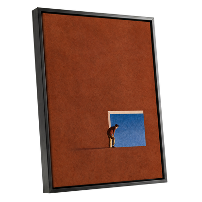 The Blue Threshold, orange, brown, blue minimalist wall art shown as a black framed canvas wall art
