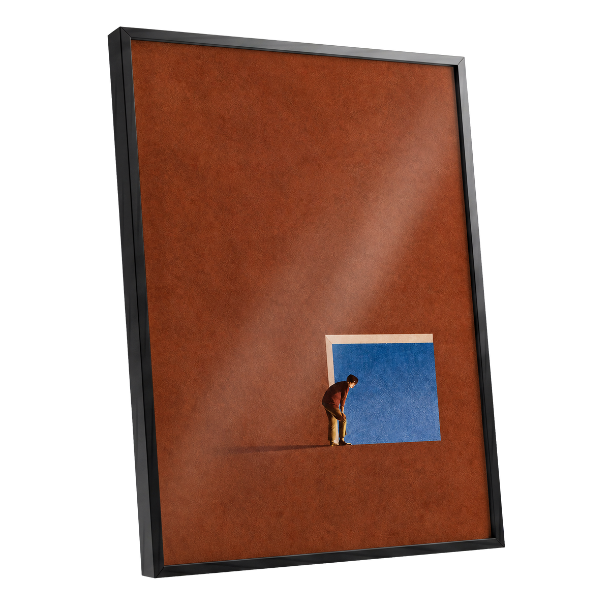 The Blue Threshold, orange, brown, blue minimalist wall art shown as a black framed poster wall art print
