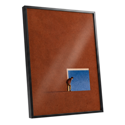 The Blue Threshold, orange, brown, blue minimalist wall art shown as a black framed poster wall art print