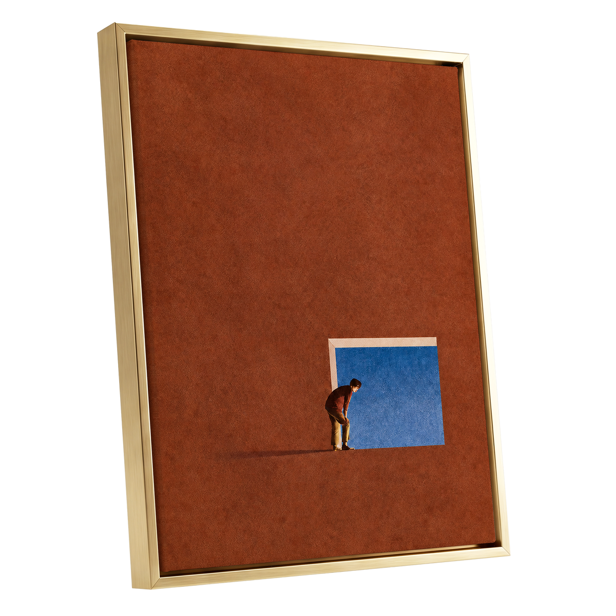 The Blue Threshold, orange, brown, blue minimalist wall art shown as a gold framed canvas wall art