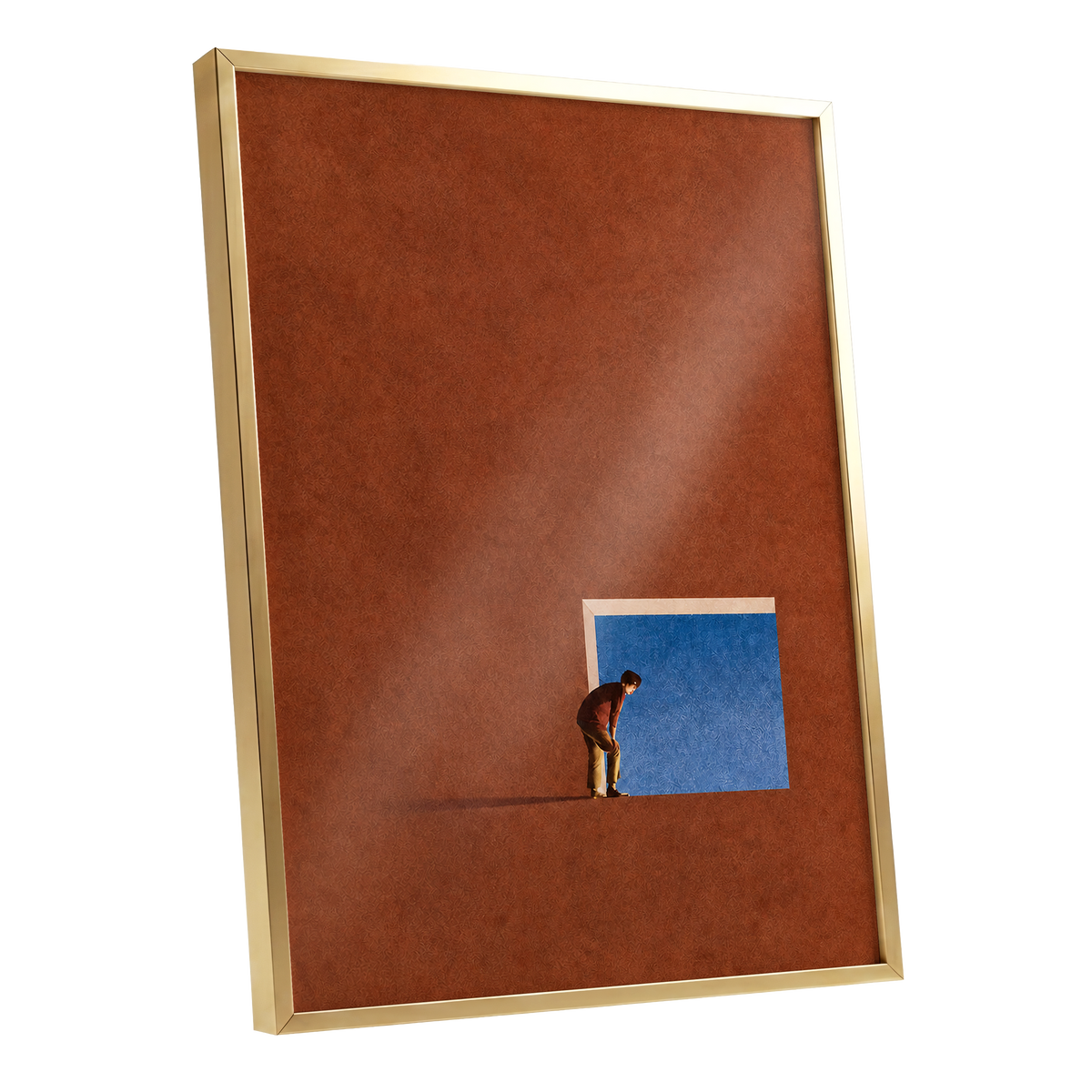 The Blue Threshold, orange, brown, blue minimalist wall art shown as a gold framed poster wall art print