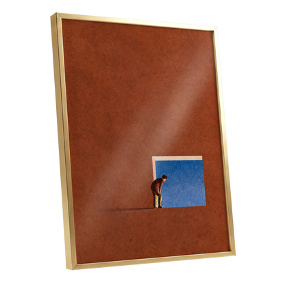 The Blue Threshold, orange, brown, blue minimalist wall art shown as a gold framed poster wall art print