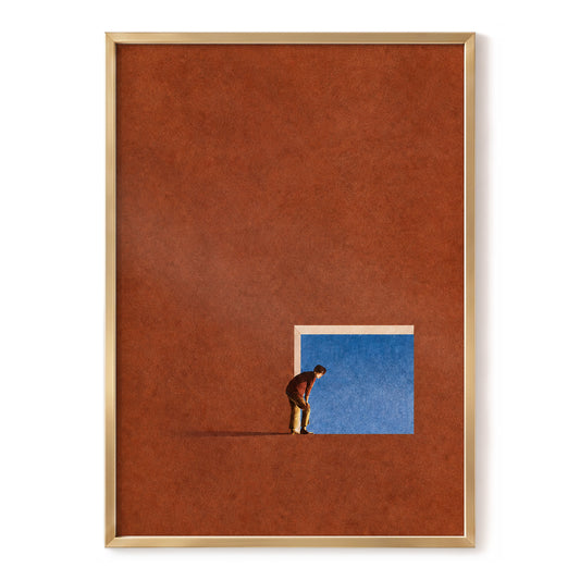 The Blue Threshold, orange, brown, blue minimalist wall art, front artwork view