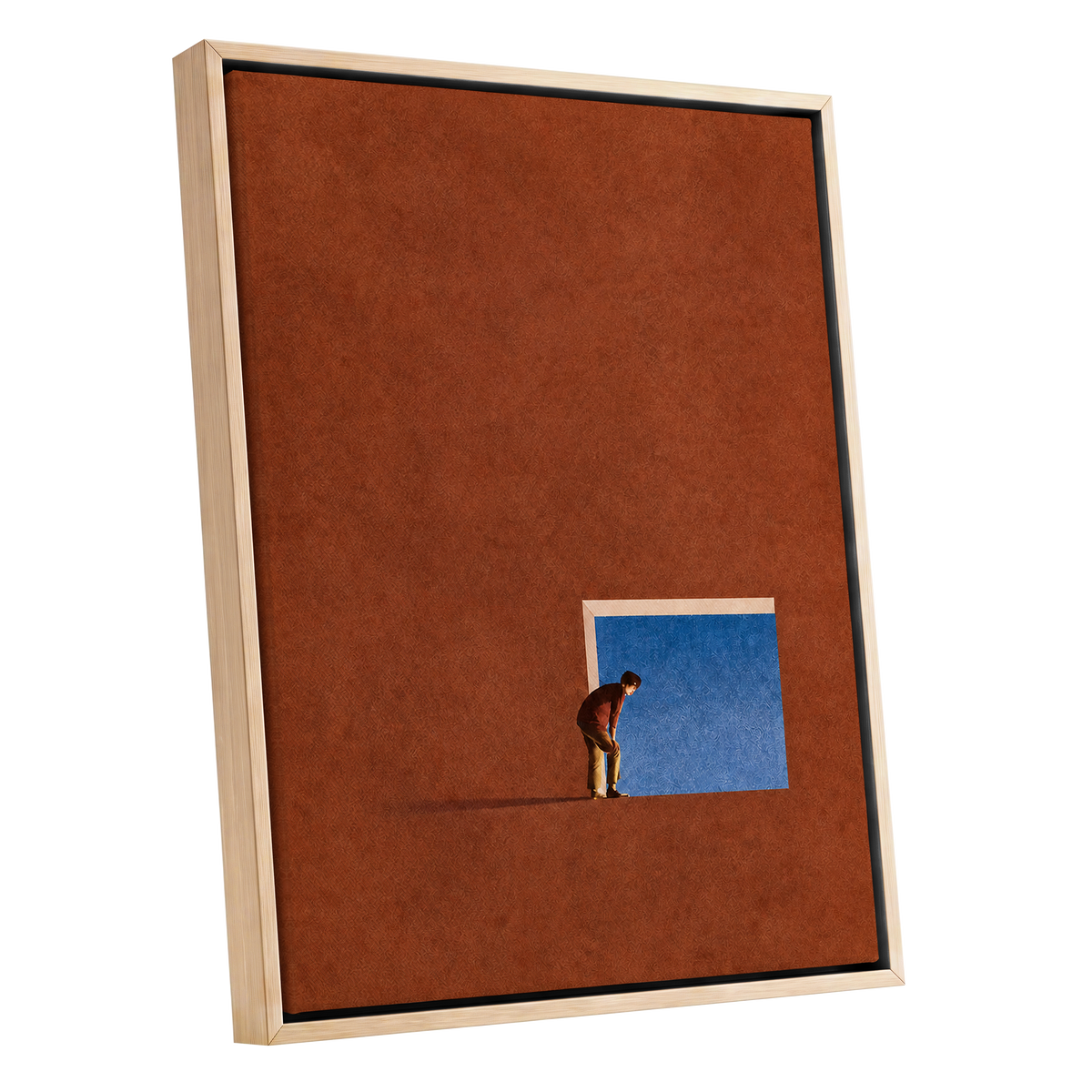 The Blue Threshold, orange, brown, blue minimalist wall art shown as a oak framed canvas wall art