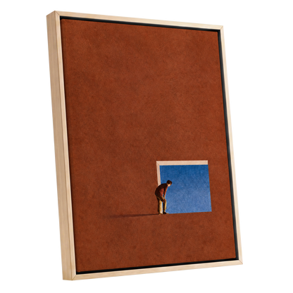 The Blue Threshold, orange, brown, blue minimalist wall art shown as a oak framed canvas wall art