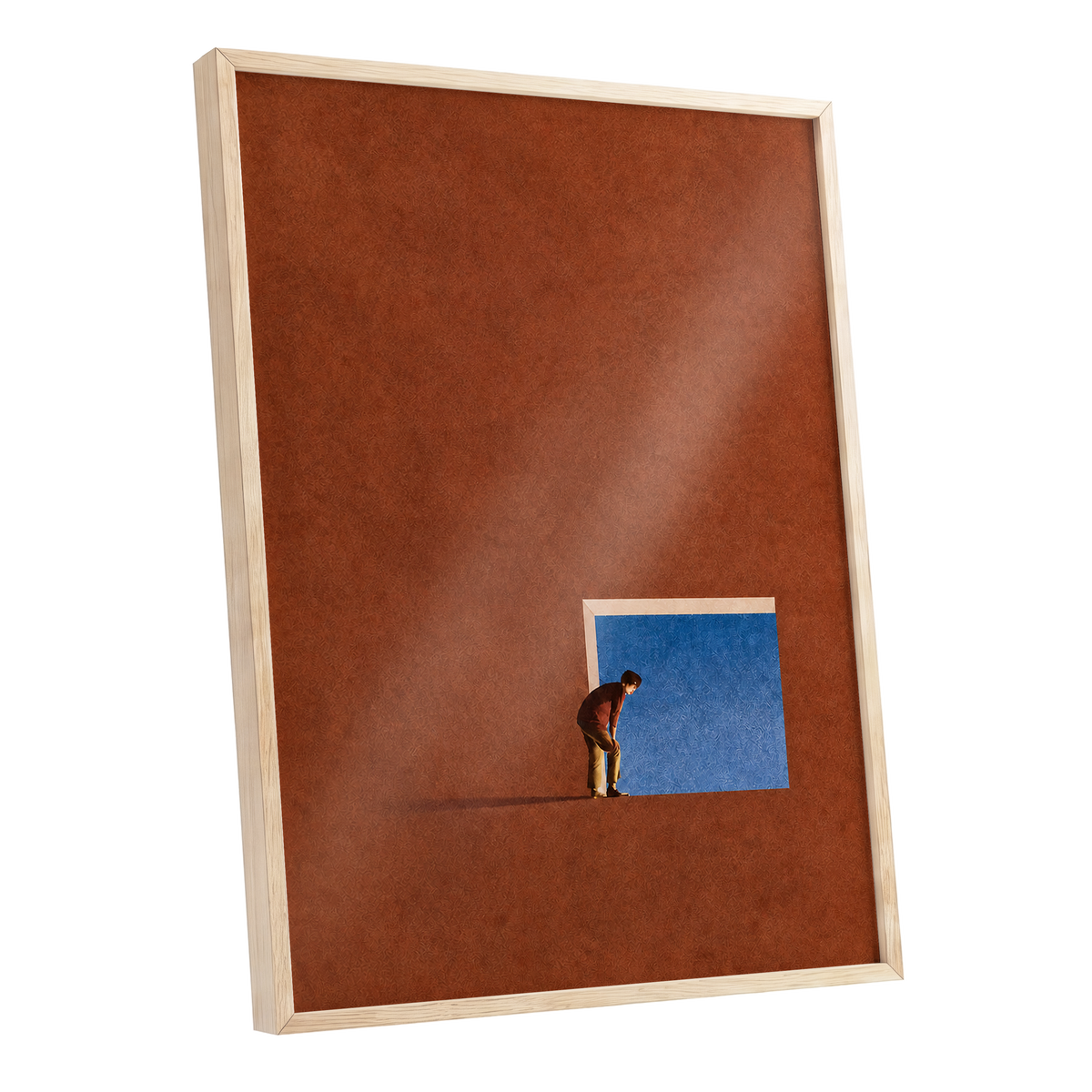 The Blue Threshold, orange, brown, blue minimalist wall art shown as a oak framed poster wall art print