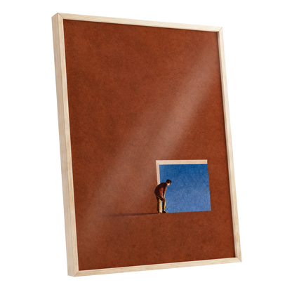 The Blue Threshold, orange, brown, blue minimalist wall art shown as a oak framed poster wall art print