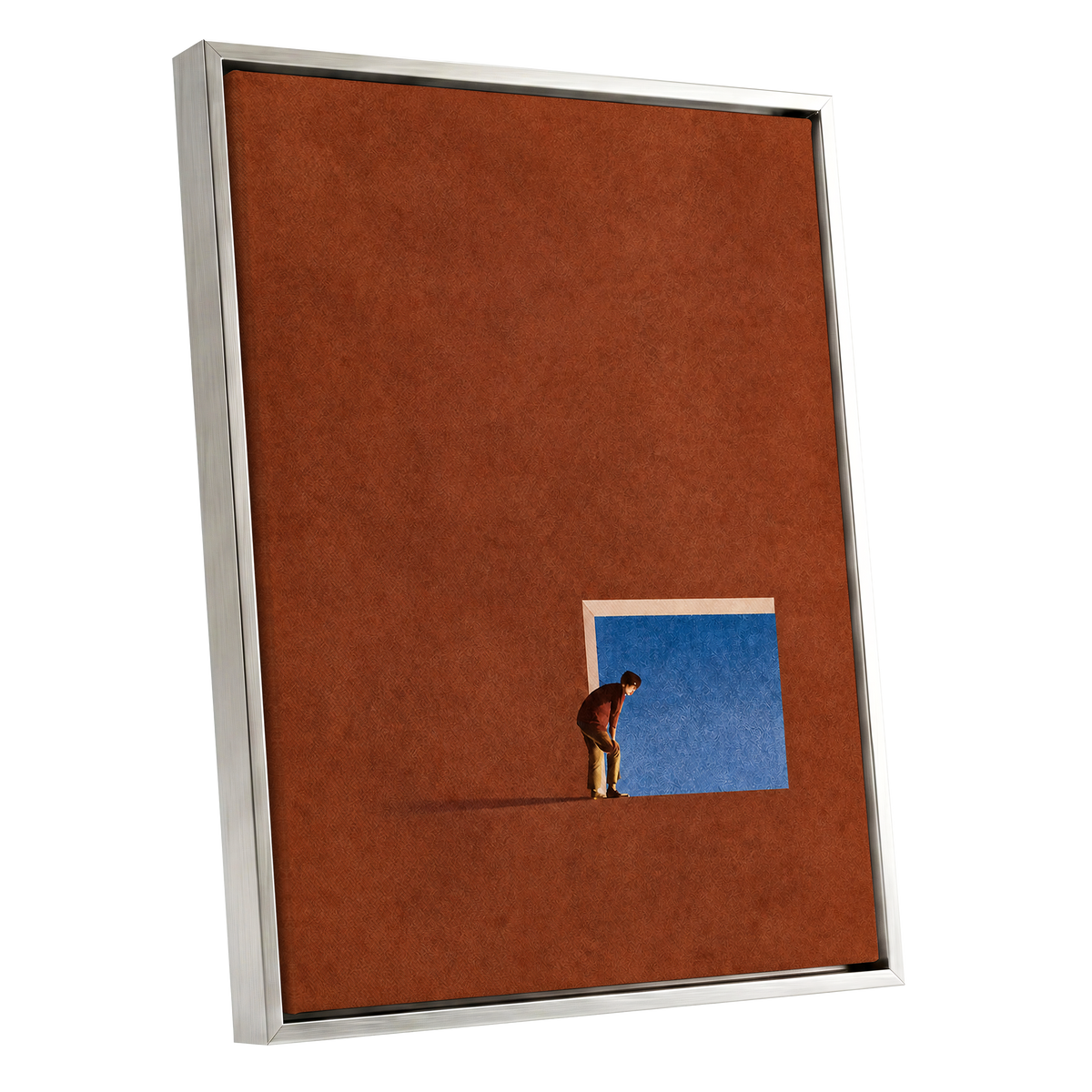 The Blue Threshold, orange, brown, blue minimalist wall art shown as a silver framed canvas wall art