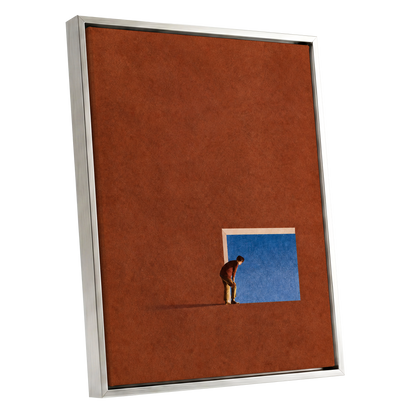 The Blue Threshold, orange, brown, blue minimalist wall art shown as a silver framed canvas wall art