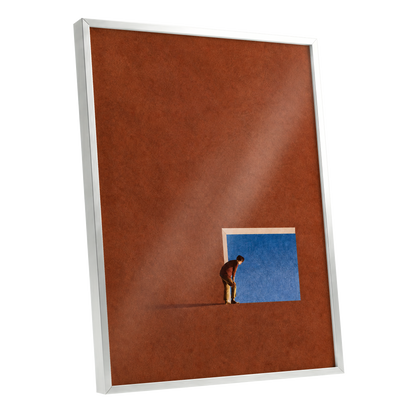 The Blue Threshold, orange, brown, blue minimalist wall art shown as a silver framed poster wall art print