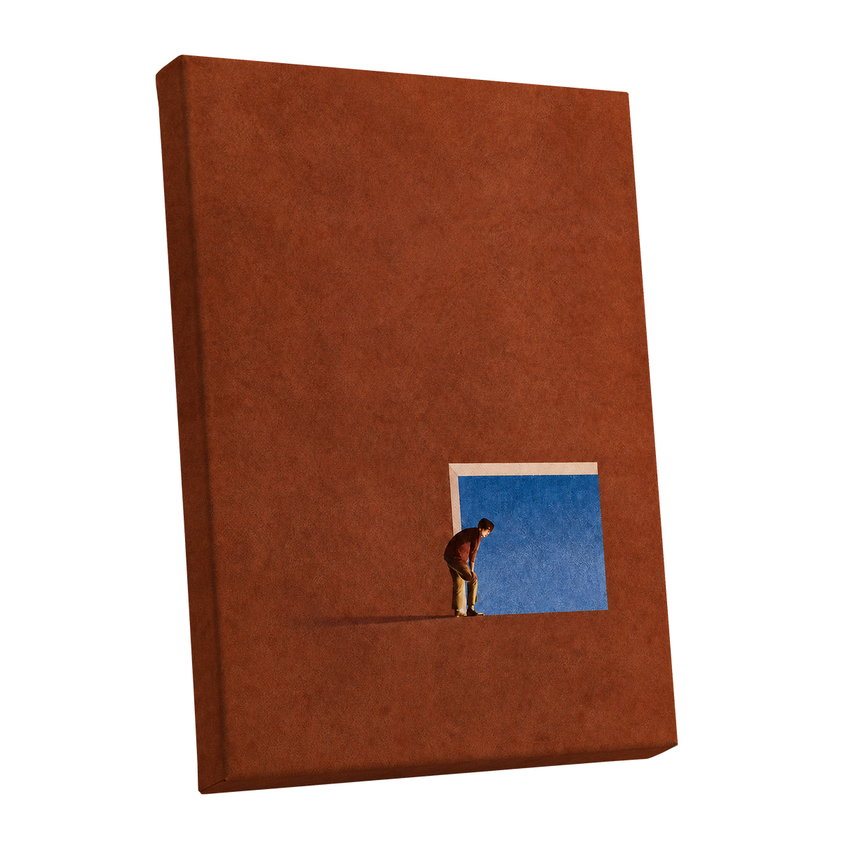 The Blue Threshold, orange, brown, blue minimalist wall art shown as a stretched canvas wall art