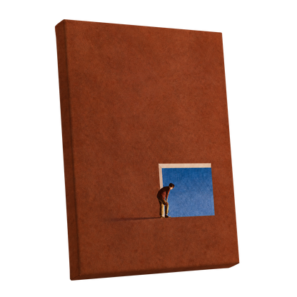 The Blue Threshold, orange, brown, blue minimalist wall art shown as a stretched canvas wall art