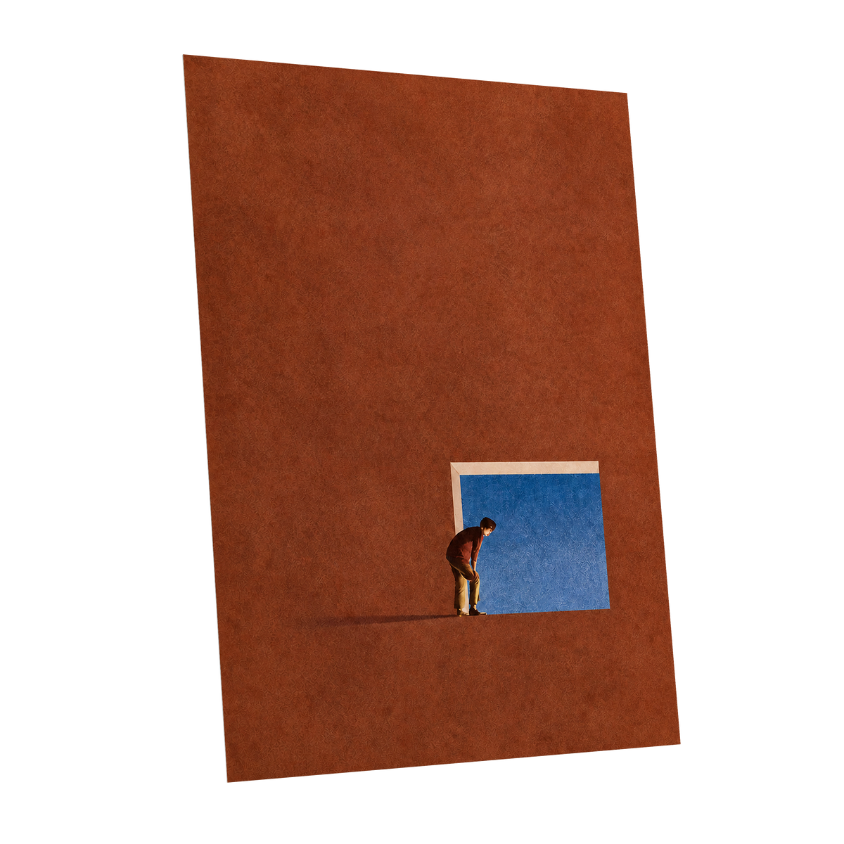 The Blue Threshold, orange, brown, blue minimalist wall art shown as a unframed poster wall art print