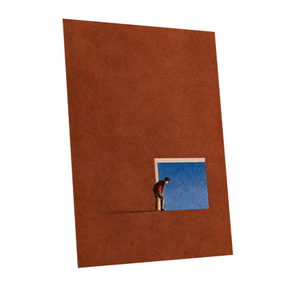 The Blue Threshold, orange, brown, blue minimalist wall art shown as a unframed poster wall art print
