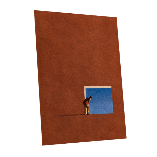 The Blue Threshold, orange, brown, blue minimalist wall art shown as a unframed poster wall art print