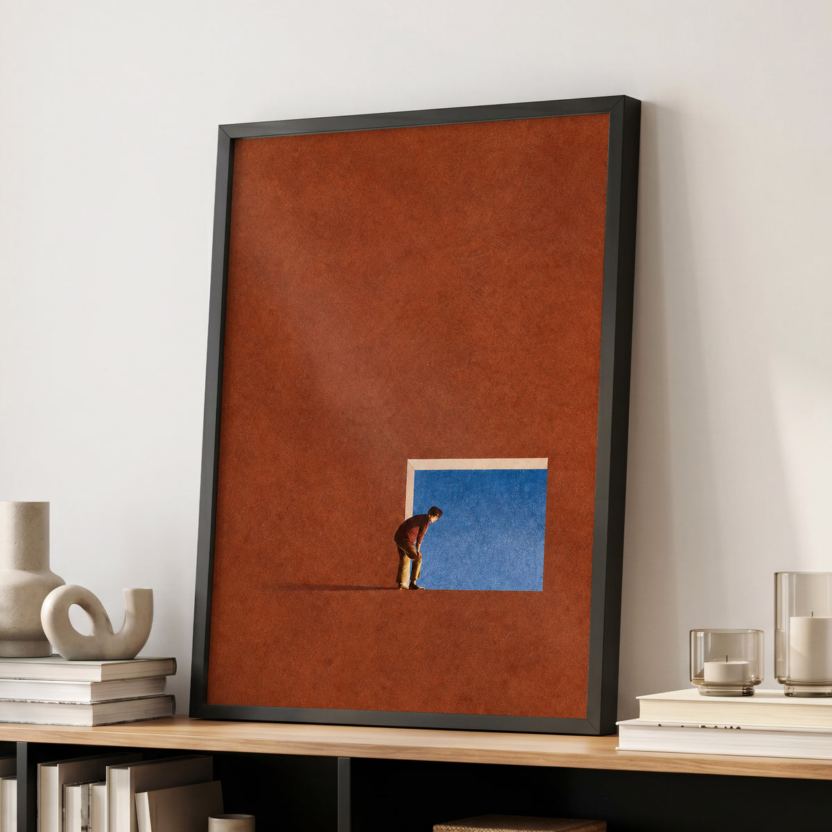 The Blue Threshold, orange, brown, blue minimalist wall art displayed in a styled interior, gallery view 2