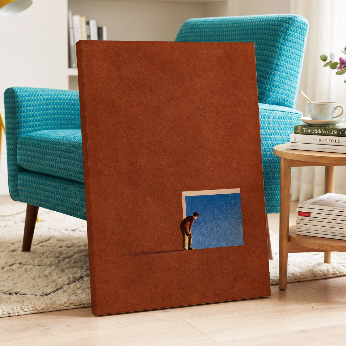 The Blue Threshold, orange, brown, blue minimalist wall art displayed in a styled interior, gallery view 3
