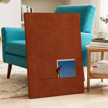 The Blue Threshold, orange, brown, blue minimalist wall art displayed in a styled interior, gallery view 3