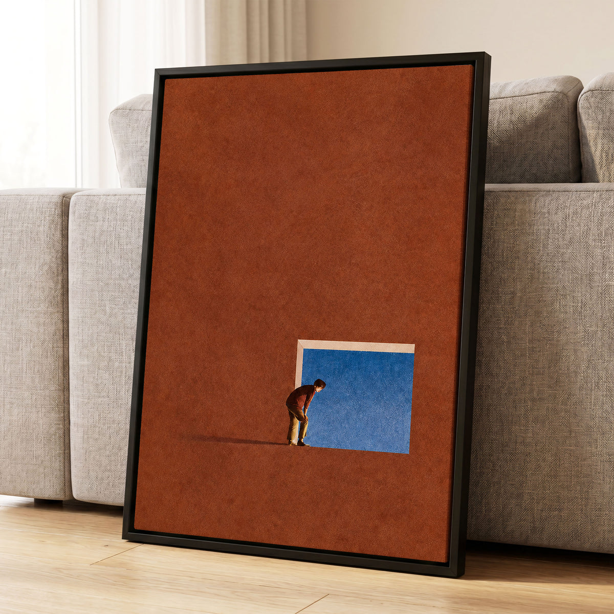 The Blue Threshold, orange, brown, blue minimalist wall art displayed in a styled interior, gallery view 4