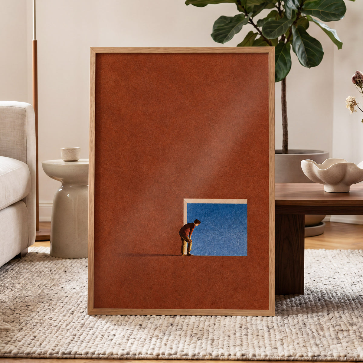 The Blue Threshold, orange, brown, blue minimalist wall art displayed in a styled interior, gallery view 6