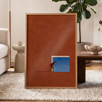 The Blue Threshold, orange, brown, blue minimalist wall art displayed in a styled interior, gallery view 6