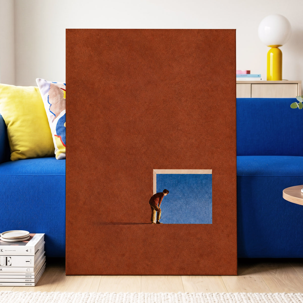 The Blue Threshold, orange, brown, blue minimalist wall art displayed in a styled interior, gallery view 7