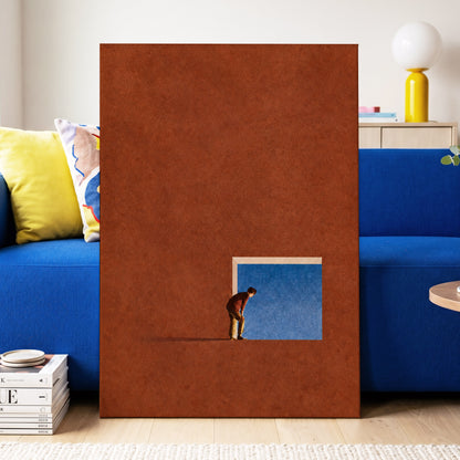 The Blue Threshold, orange, brown, blue minimalist wall art displayed in a styled interior, gallery view 7