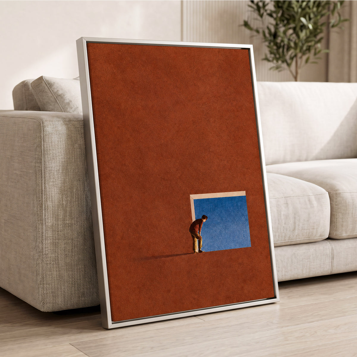 The Blue Threshold, orange, brown, blue minimalist wall art displayed in a styled interior, gallery view 8