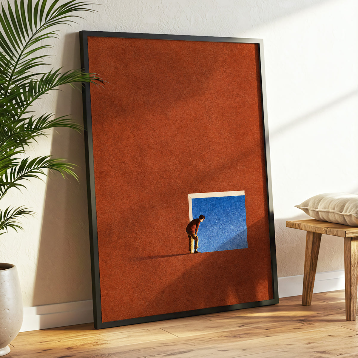 The Blue Threshold, orange, brown, blue minimalist wall art displayed in a styled interior, gallery view 9