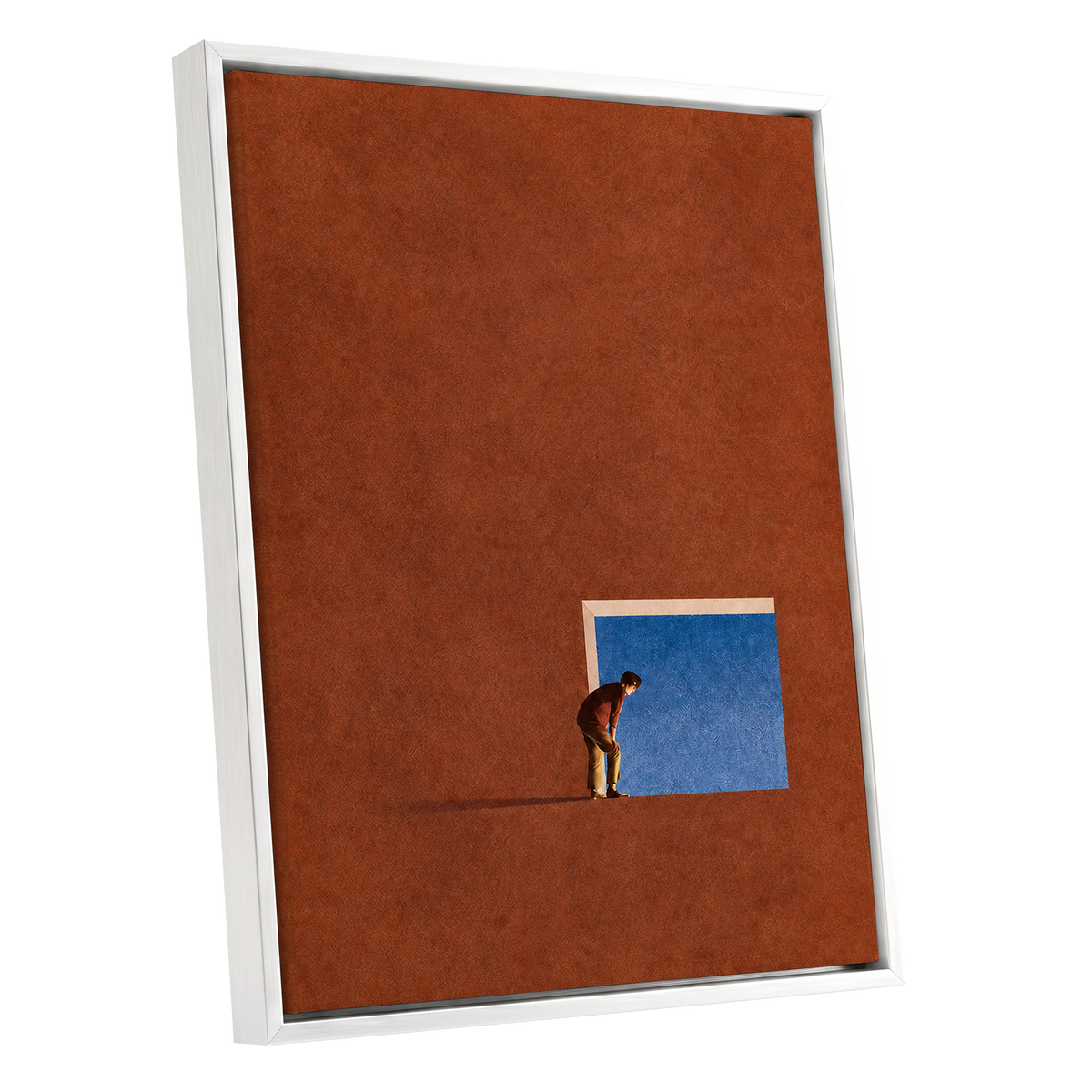 The Blue Threshold, orange, brown, blue minimalist wall art shown as a white framed canvas wall art