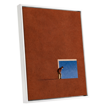 The Blue Threshold, orange, brown, blue minimalist wall art shown as a white framed canvas wall art