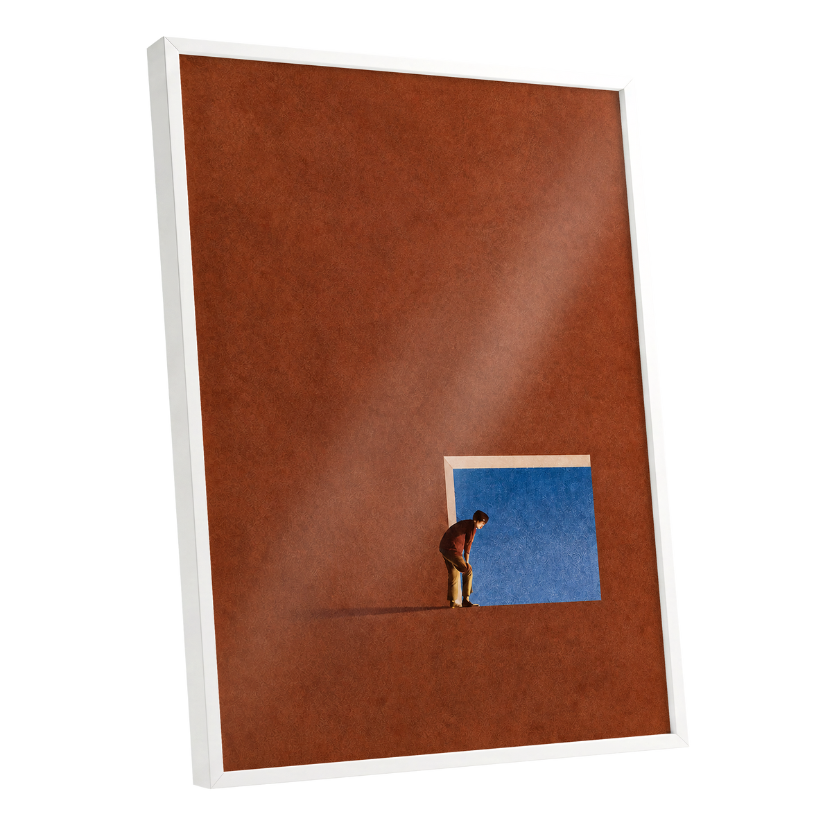 The Blue Threshold, orange, brown, blue minimalist wall art shown as a white framed poster wall art print