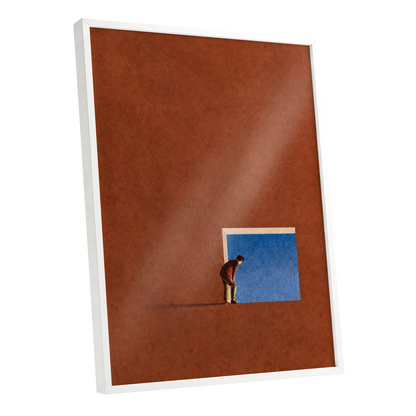 The Blue Threshold, orange, brown, blue minimalist wall art shown as a white framed poster wall art print