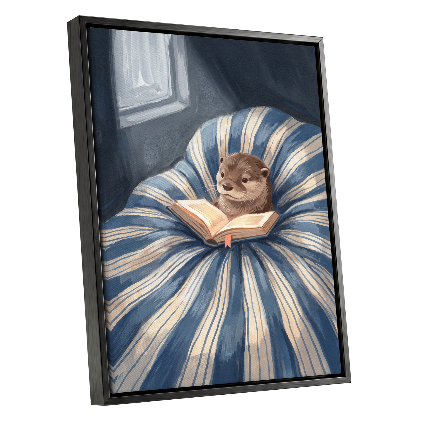 The Bookish Otter, blue, beige, brown nature wall art shown as a black framed canvas wall art